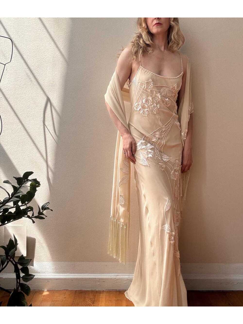 Vintage 1990s Sue Wong Ivory Embroidered Beaded Silk Chiffon Gown